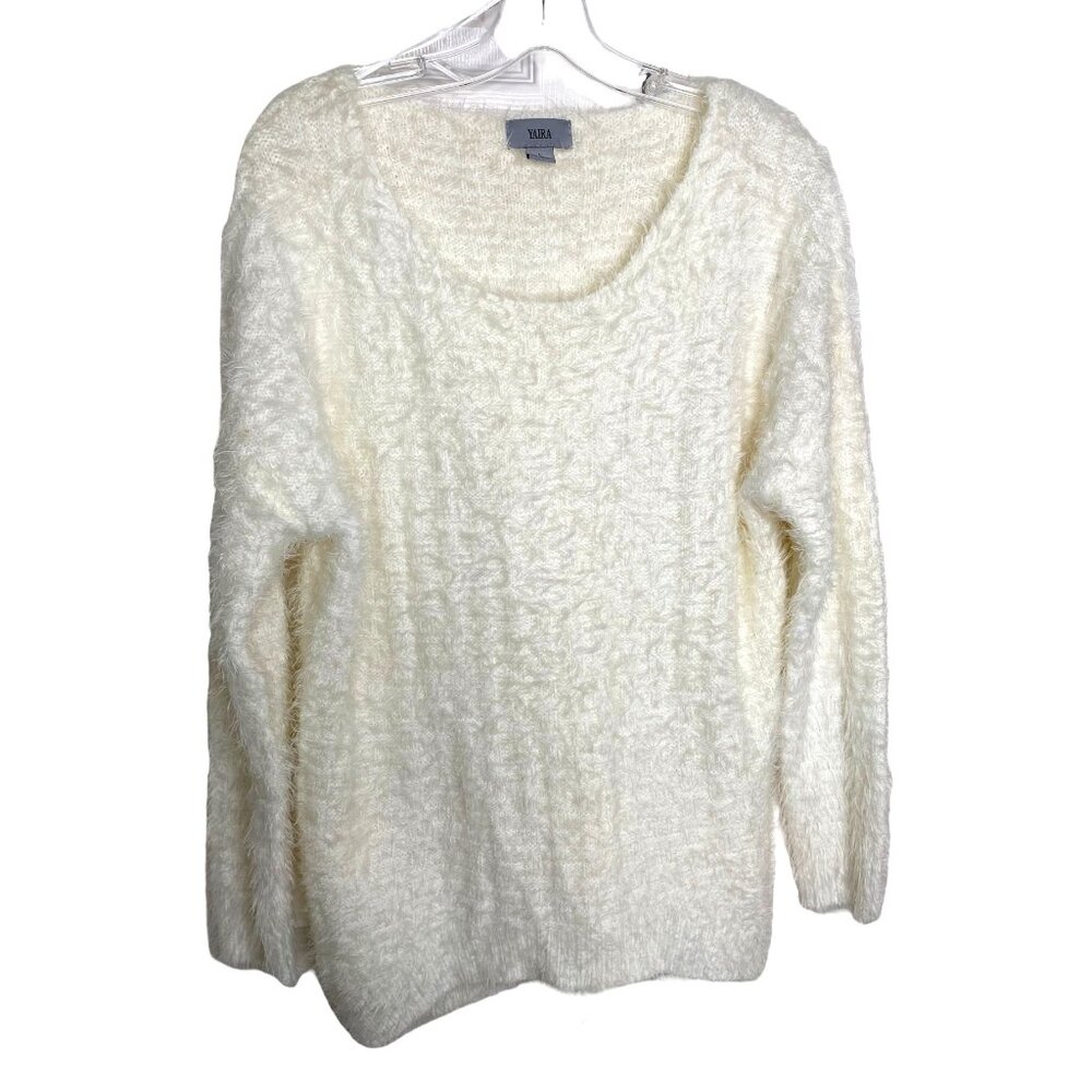 Yaira Womens Cream Fuzzy Sweater with Scoop Neckline Size L Retro Coquette Sexy